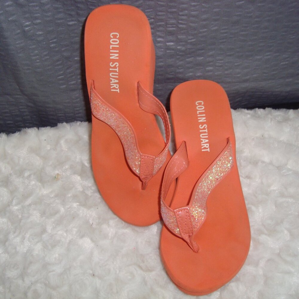 COLIN STUART Orange Sparkle Thong Flip Flop Platform Wedge Sandals Shoes sz 5